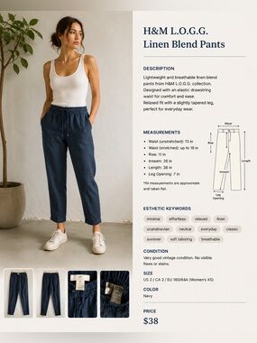 H&M Navy Linen Blend Drawstring Trousers
